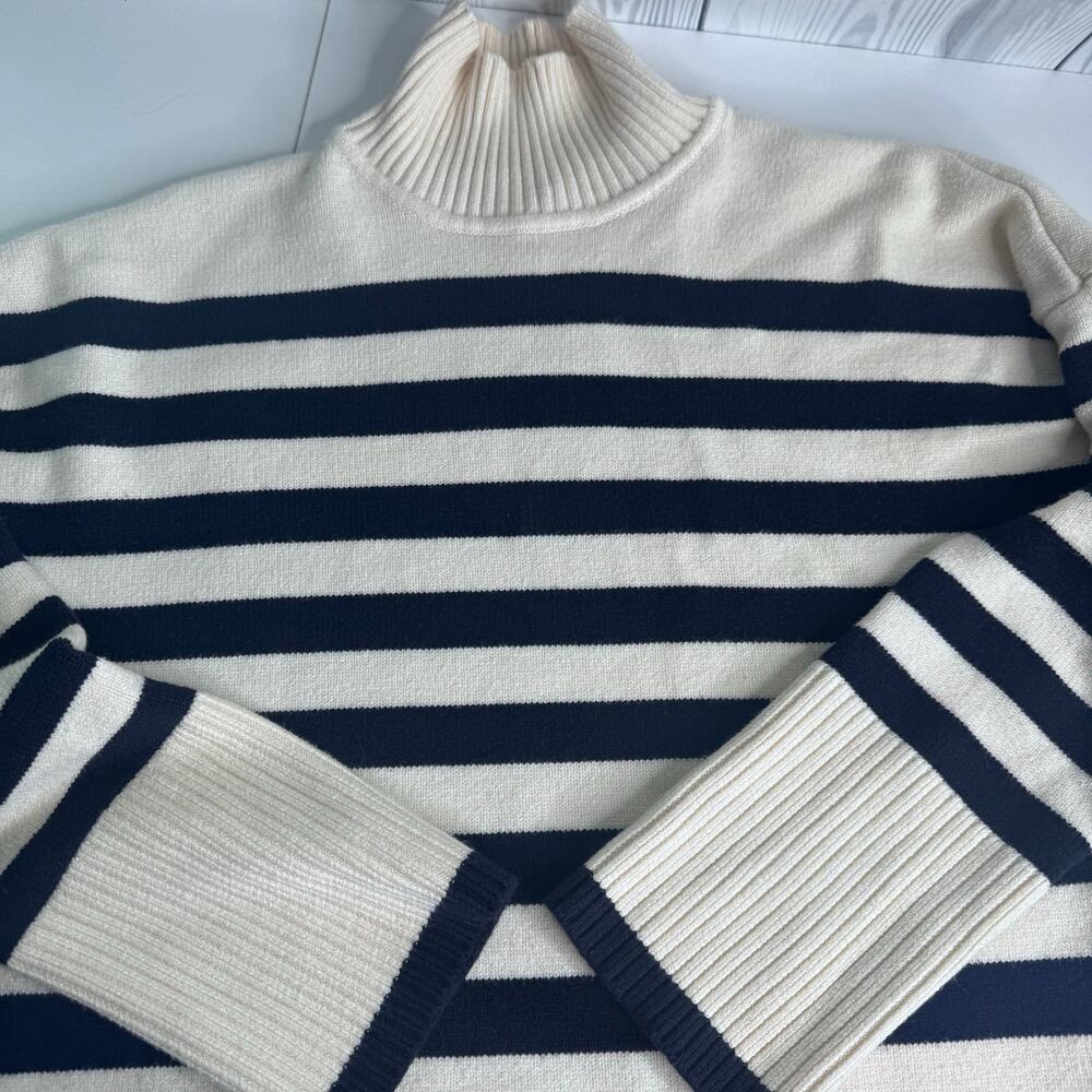 ZARA Cream and Navy Striped Mock Neck Soft Oversized Long Sleeve Sweater Med